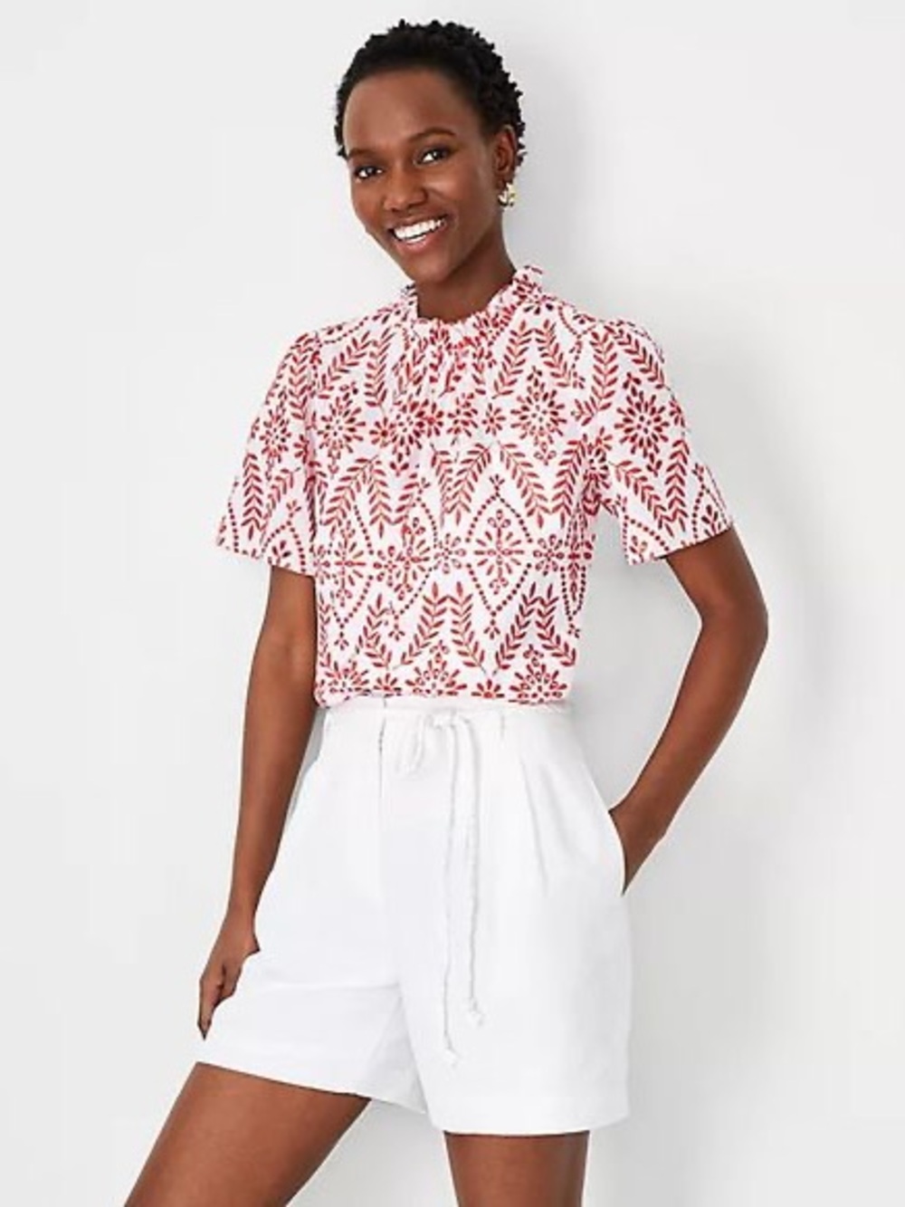 Ann Taylor white and red Eyelet Puff-Sleeve Cotton Top